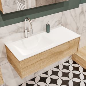 Mondiaz Lush Cloud badmeubel eiken licht 100 cm 1 lade solid surface enkele spoelbak links 1 kraangat