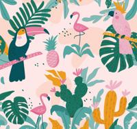 Slaapkamer behang Groene vogels en bladeren op roze achtergrond