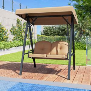 Hollywoodschaukel 2-zits Tuin Schommel met Zonnescherm & Metalen Frame Buiten Schommel tot 300 kg Belastbaar Beige