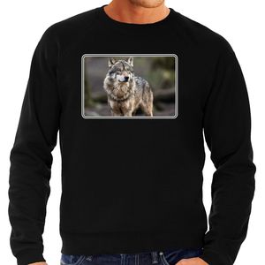 Dieren sweater / trui met wolven foto zwart voor heren