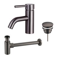 Fortifura Calvi Wastafelkraanset - lage wastafelkraan - klikwaste plug - design sifon - Geborsteld Gunmetal PVD SW766540/SW767288/SW767297