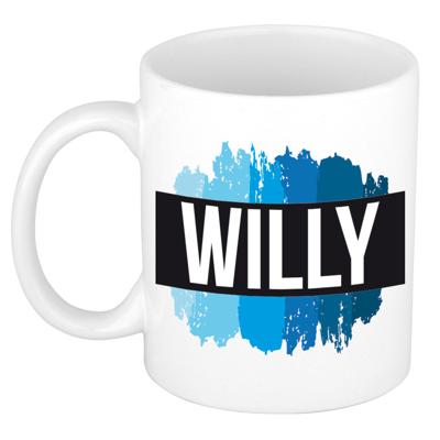 Willy naam cadeau koffie mok - beker - met blauw verfstrepen - Cadeau collega - vaderdag