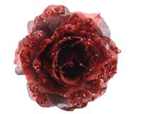 Roos op clip met glitters 14 cm ossenbloed