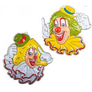 Carnaval/party decoratie borden - 2x Clown hoofden - wand/muur versiering - 50 x 50 cm - plastic