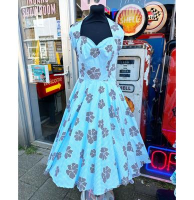 32% korting | Vivien Of Holloway Halterneck Blue Gingham Black Flowers Dress -S