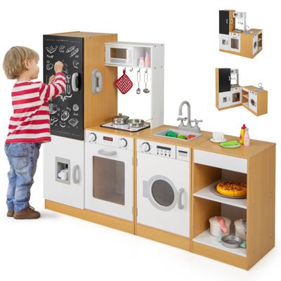 3-delig Kinder Speelkeuken set Houten Speelkeuken met Realistische Geluiden & Lichten Natuur + Wit