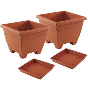 4x stuks vierkante plantenbakken terra cotta met opvangschaal 30 x 30 x 23 cm