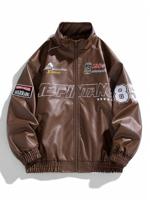 Bon&Bon Men's PU Leather Biker Jacket - Red Letter Embroidery Streetwear Coffee Brown / M