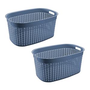 Rotan line wasmand - 2x - blauw - inhoud 44 liter - kunststof - 58 x 39 x 27 cm - met handvatten