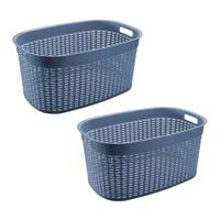 Rotan line wasmand - 2x - blauw - inhoud 44 liter - kunststof - 58 x 39 x 27 cm - met handvatten - thumbnail