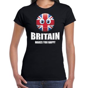 Britain makes you happy landen t-shirt Verenigd Koninkrijk zwart voor dames met emoticon