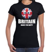 Britain makes you happy landen t-shirt Verenigd Koninkrijk zwart voor dames met emoticon