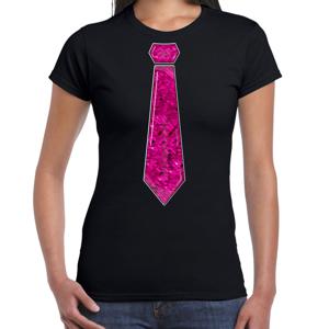 Verkleed t-shirt voor dames - stropdas roze - pailletten - zwart - carnaval - foute party