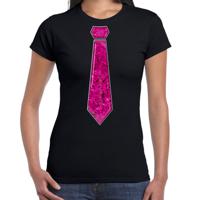 Verkleed t-shirt voor dames - stropdas roze - pailletten - zwart - carnaval - foute party - thumbnail