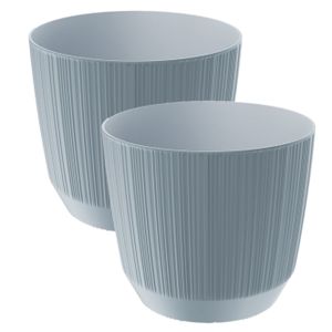 2x stuks moderne carf-stripe plantenpot/bloempot kunststof dia 15 cm/hoogte 13 cm steengrijs