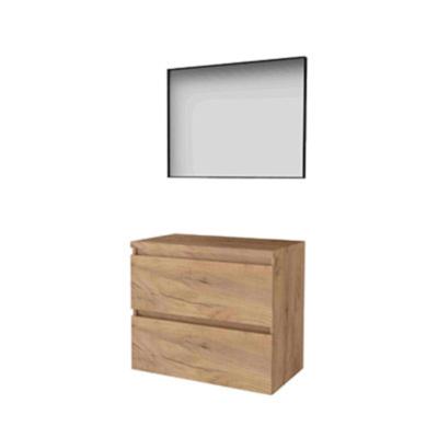 Basic-Line Framed 46 Badkamermeubelset - 80 x 46 cm - Greeploos - 2 Lades - Wastafelblad - Spiegel met Zwart Aluminium Frame - Whisky Oak