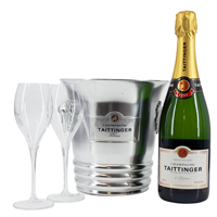 Taittinger Brut Reserve, metalen cooler en 2 glazen