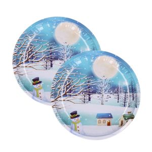 Kerst borden - 2x st - 26 cm - metaal - blauw met sneeuwpop - kerstservies kerst bordjes