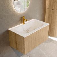 Badmeubel Mondiaz Kurve-Dlux | 80 cm | Meubelkleur Oak | Wastafelkleur Frappe | Solid surface | Midden spoelbak | 1 kraangat Badmeubel Mondiaz Kurve-Dlux | 80 cm | Meubelkleur Oak | Wastafelkleur Frappe | Solid surface | Midden spoelbak | 1 kraangat