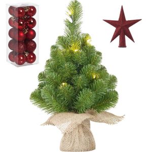 Kunst kerstboom met 10 LED lampjes 45 cm inclusief rode versiering 21-delig