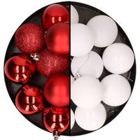 24x stuks kunststof kerstballen mix van rood en wit 6 cm - thumbnail