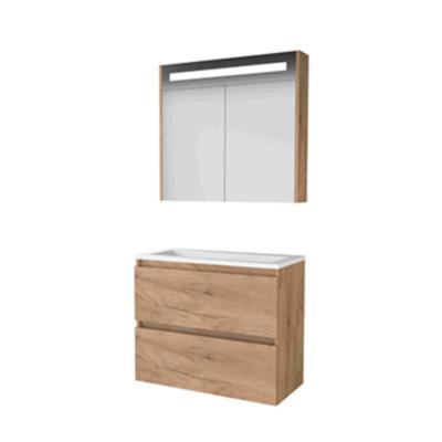 Basic-Line Premium 39 Badkamermeubelset - Ondiep - 80 x 39 cm - Greeploos - 2 Lades - Acryl Wastafel - 1 Kraangat - Spiegelkast met LED Verlichting - Whisky Oak