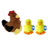 Pluche bruine kip - Haan knuffel - van 25 cm - met twee gele pluche kuikens 16 cm - Pasen decoratie