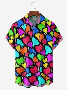 Valentine Heart Chest Pocket Short Sleeve Casual Shirt