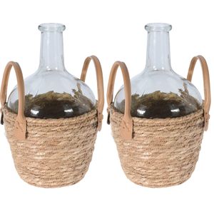 Set van 2x stuks flesvaas glas transparant met gevlochten rieten mand 20 x 31 cm - Vazen