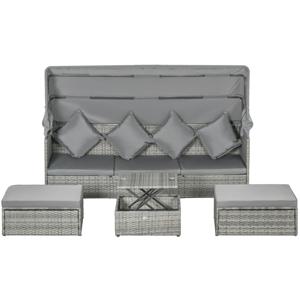 Outsunny Tuinsofa-set, 4-delig, met zonneluifel, kussens, polyrattan/metaalframe, Grijs