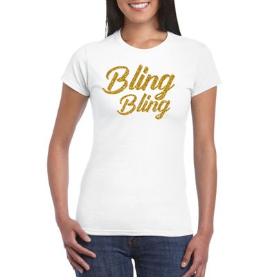 Glitter glamour feest t-shirt dames - bling bling goud - wit - feestkleding