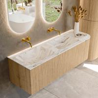 Badmeubel Mondiaz Kurve-Dlux | 145 cm | Meubelkleur Oak | Wastafelkleur Glace | Solid surface | Dubbele spoelbak | Zonder kraangat(en)