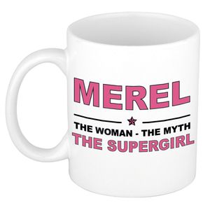 Naam cadeau mok/ beker Merel The woman, The myth the supergirl 300 ml   -