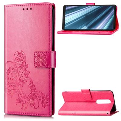 Lucky Clover ingedrukt bloemen patroon lederen draagtas voor Sony Xperia 1/Xperia XZ4 met houder & kaartsleuven & portemonnee & hand strap (Rose rood