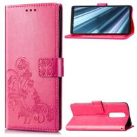 Lucky Clover ingedrukt bloemen patroon lederen draagtas voor Sony Xperia 1/Xperia XZ4 met houder & kaartsleuven & portemonnee & hand strap (Rose rood