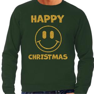 Foute Kersttrui/sweater voor heren - Happy Christmas - Smile Emoticon - groen - glitter goud