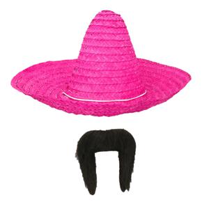 Carnaval verkleed set - Mexicaanse sombrero hoed met plaksnor - roze - heren