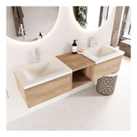 Mondiaz Bukla 160cm badmeubel met open module 40 kleur washed oak 2 lades wastafel dubbel 2 kraangaten kleur talc
