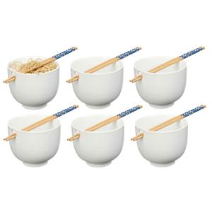 Pokebowl/ramen/noedels servies set - 6x - kommetje en chopsticks - keramiek - wit - sushi eet set