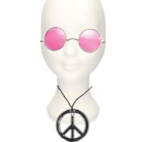 Hippie Flower Power verkleed set - peace ketting - met party bril - roze