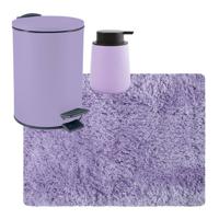 MSV badkamer droogloop tapijt langharig 50x70 cm - pedaalemmer 3L - zeeppompje 300 ml - lila paars - Badmatjes