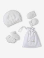 Babypakje muts, wanten en sloffen en zijn personaliseerbare zak. wit