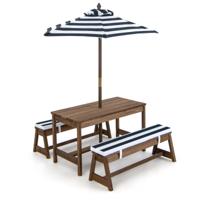 Kinderen Picknicktafel met Paraplu Houten Tafel en Bank Set met Kussens Activiteitentafels en Stoelen voor Kinderen Binnen Buiten Blauw