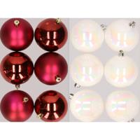 12x stuks kunststof kerstballen mix van donkerrood en parelmoer wit 8 cm - Kerstbal - thumbnail