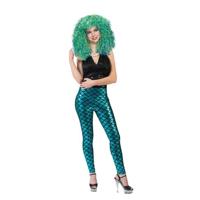 Carnaval verkleed set zeemeermin -Aqua groen/baluwe pruik - schubben legging one size - Dames - thumbnail