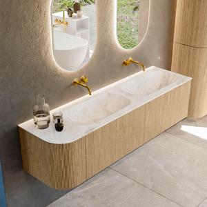 Mondiaz KURVE-DLUX 165 cm Onderkast Greeploos 2 Lades Met Deuren Oak, Wastafel Solid Surface Rechts Frappe 0 Kraangaten Zonder Spiegel (KRVSTS165L2L1D0KD-Oak/Fra)
