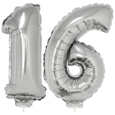 16 jaar leeftijd feestartikelen - versiering cijfers - zilver - ballonnen op stokje - van 41 cm 16 jaar leeftijd feestartikelen - versiering cijfers - zilver - ballonnen op stokje - van 41 cm