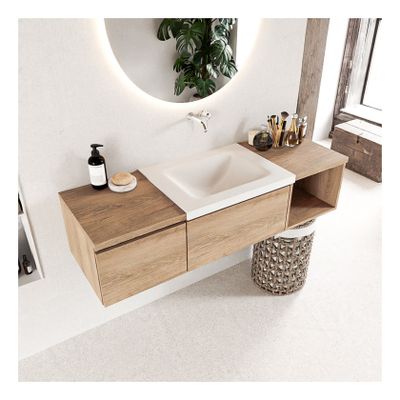 Mondiaz Bukla 140cm badmeubel met open module 40 rechts kleur washed oak 2 lades wastafel midden zonder kraangat kleur talc