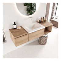Mondiaz Bukla 140cm badmeubel met open module 40 rechts kleur washed oak 2 lades wastafel midden zonder kraangat kleur talc