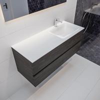 Mondiaz Vica Cloud badmeubel eiken donker bruin 120 cm 2 lades solid surface enkele spoelbak rechts 1 kraangat